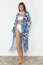 Trendyol Tropical Patterned Belted Maxi Woven Kimono & Kaftan