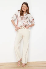 Trendyol Beige Floral Print Premium Oversize/Creature Satin Woven Shirt