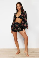 Trendyol Floral Patterned Belted Woven 100% Cotton Kimono Shorts Set