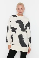 Trendyol White Patterned Crew Neck Scuba Knitted Sweatshirt