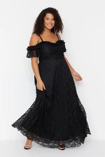Trendyol Curve Black Plus Size Straps A-Line Lace Maxi Evening Dress