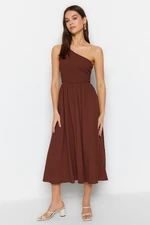 Trendyol Brown Waist Opening Top Size One Shoulder Midi Woven Dress with Gipel