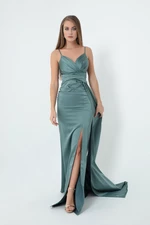 Lafaba Women's Long Satin Evening Dress with Turquoise Straps & Prom Dress