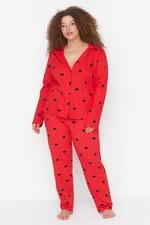 Trendyol Curve Red Heart Shirt Collar Knitted Pajamas Set