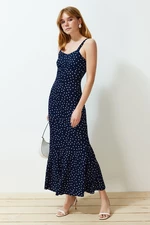 Trendyol Navy Blue Patterned Strappy Fitted Ribbed Flexible Knitted Maxi Pencil Dress