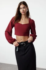 Trendyol Burgundy Crop Sweetheart Neck Long Sleeve Woven Blouse