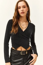 Olalook Women's Black Wrapover Shimmer Detail Crop Blouse