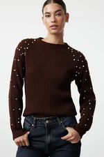 Trendyol Brown Pearl Detailed Crew Neck Knitwear Sweater