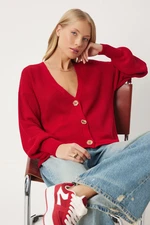 Happiness İstanbul Women's Red V-Neck Buttoned Knitwear Cardigan