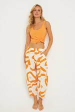 Cool & Sexy Women's Ecru-Orange Patterned Linen Shalwar Trousers K1253