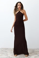 Trendyol Brown Fitted Knitted Long Evening Dress