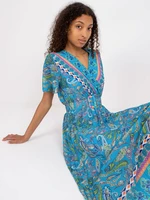 Blue midi paisley dress with a wrap neckline