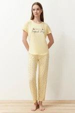 Trendyol Yellow Cherry Patterned Slogan Printed Knitted Pajamas Set