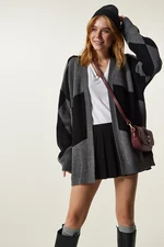 Happiness İstanbul Gray Black Patterned Thick Cardigan Jacket