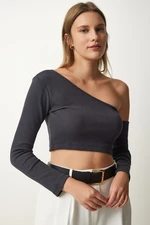 Happiness İstanbul Women's Anthracite Single Sleeve Ribbed Crop Knitted Blouse