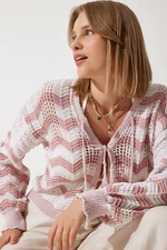 Happiness İstanbul Women&#39;s Cream Pink Striped Openwork Seasonal Knitwear Cardigan