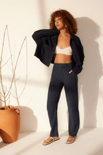 Trendyol Navy Blue 100% Linen High Waist Wide Leg Trousers