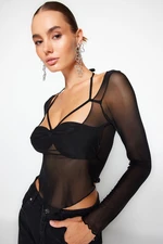 Trendyol Black Cut Out/Window Detailed Tulle Blouse