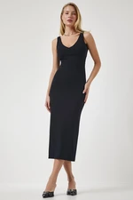 Happiness İstanbul Women's Black Strap V Neck Ribbed Knitted Dress