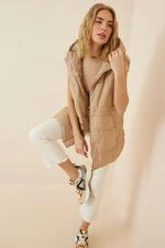 Happiness İstanbul Women's Cream Hooded Oversize Long Puffer Vest