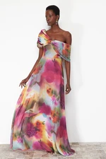 Trendyol Multi-Colored A-Line Lined Asymmetrical Neckline Woven Chiffon Long Evening Evening Dress