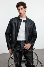 Trendyol Black Regular Fit PU Faux Leather Biker Jacket Coat