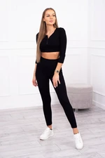 Žebrovaný crop top set v černé barvě