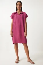 Happiness İstanbul Women's Plum Polo Neck Summer Loose Linen Ayrobin Dress