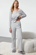 Trendyol Grey Melange Elastic Detailed Ribbed Knitted Pajama Set