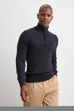 Trendyol Navy Blue Slim Half Turtleneck Textured Knitwear Sweater