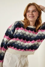 Happiness İstanbul Cream Pink Textured Seasonal Knitwear Sweater