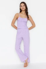 Trendyol Lilac Polka Dot Cotton Rope Strap Knitted Pajama Set