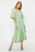 Trendyol Green Belted Half Balloon Sleeve Linen Look Woven Shirt Dress