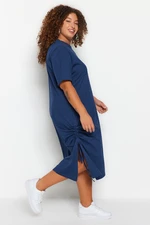 Trendyol Curve Navy Blue Crew Neck Side Gathered and Slit Knitted Dress