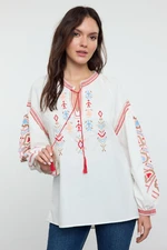 Trendyol White Embroidered Neck Lace Detailed Woven Blouse