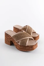 Capone Outfitters Women's Cork Platform Sold Straw Cross Band Slippers