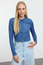 Trendyol Indigo Buttoned Fitted Polo Neck Ruffle/Textured Crop Knitted Blouse