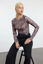 Trendyol Multicolored Leopard Animal Patterned Fitted/Fits Body Gathered/Drape Detailed Knitted Blouse