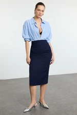 Trendyol Navy Blue Gathered Slit Detailed Pencil Fit Midi Woven Skirt