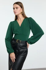 Trendyol Emerald Green Double Breasted Gather/Drape Detail Long Sleeve Flexible Knitted Blouse