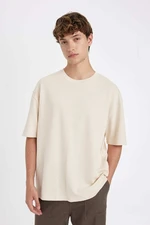 DEFACTO Men's Beige Oversize Fit Wide Cut Crew Neck Heavy Fabric Short Sleeve Basic T-Shirt