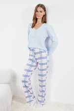 Trendyol Blue 100% Cotton Plaid Tie and Button Detailed Knitted Pajama Set