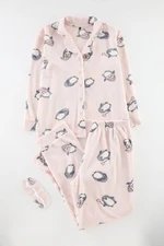 Trendyol Curve Powder Penguin Patterned Shirt Collar Knitted Pajama Set