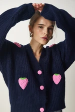 Happiness İstanbul Women's Navy Blue Strawberry Motif Oversize Knitwear Cardigan