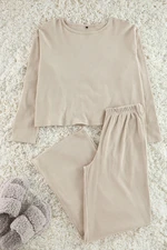 Trendyol Beige Ribbed Knitted Pajama Set