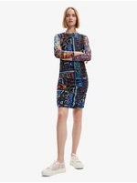 Blue and Black Women Patterned Sheath Mini Dress Desigual Lettering - Women