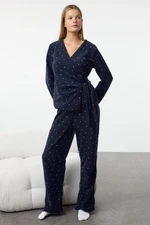 Trendyol Navy Blue Heart-shaped Tie Detailed Polar Fleece Winter Knitted Pajama Set