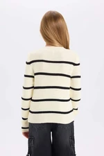 DEFACTO Girl Ecru Striped Fitted Crew Neck Knitwear Sweater