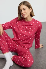 Trendyol Claret Red 100% Cotton Heart Slogan Embroidered Knitted Pajama Set