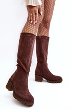 Women's over-the-knee boots with low heels, dark brown Beveta